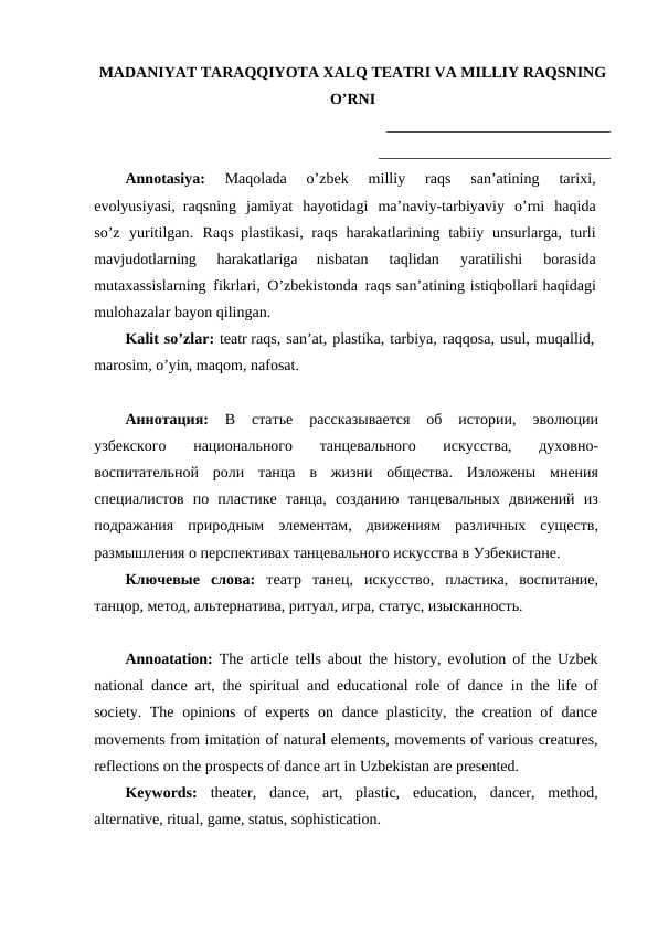 Madaniyat taraqqiyota xalq teatri va milliy raqsning o’rni
