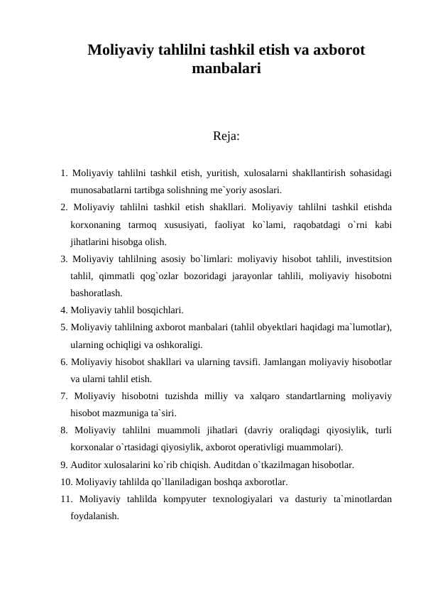 Moliyaviy tahlilni tashkil etish va axborot manbalari