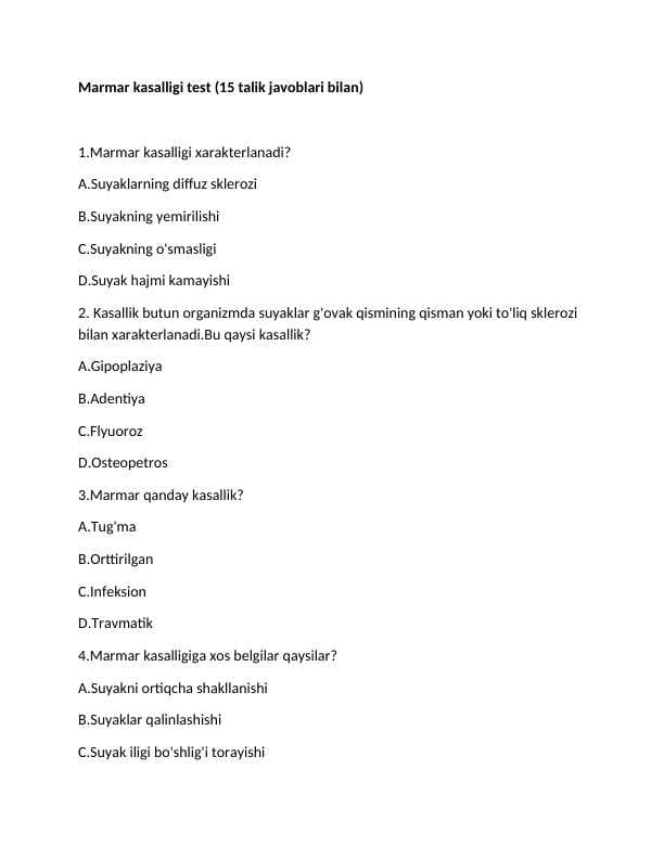 Marmar kasalligi test (15 talik javoblari bilan)