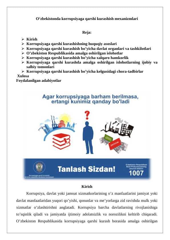 O‘zbekistonda korrupsiyaga qarshi kurashish mexanizmlari