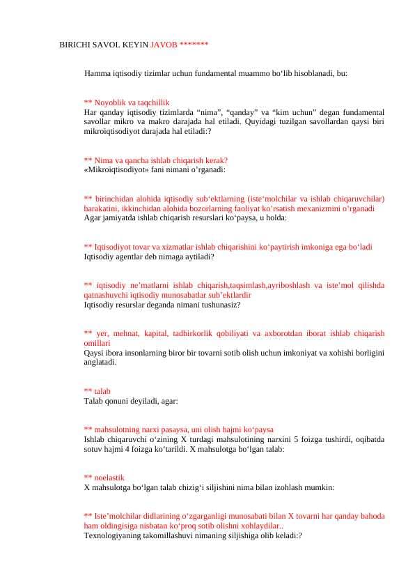 Mikroiqtisodoyot savol javoblar