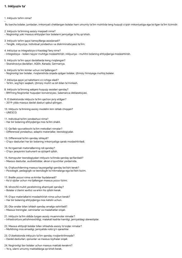 Inklyuziv ta'lim haqida savollar