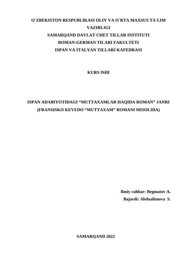 ISPAN ADABIYOTIDAGI “MUTTAXAMLAR HAQIDA ROMAN” JANRI (FRANSISKO KEVEDO “MUTTAXAM” ROMANI MISOLIDA)