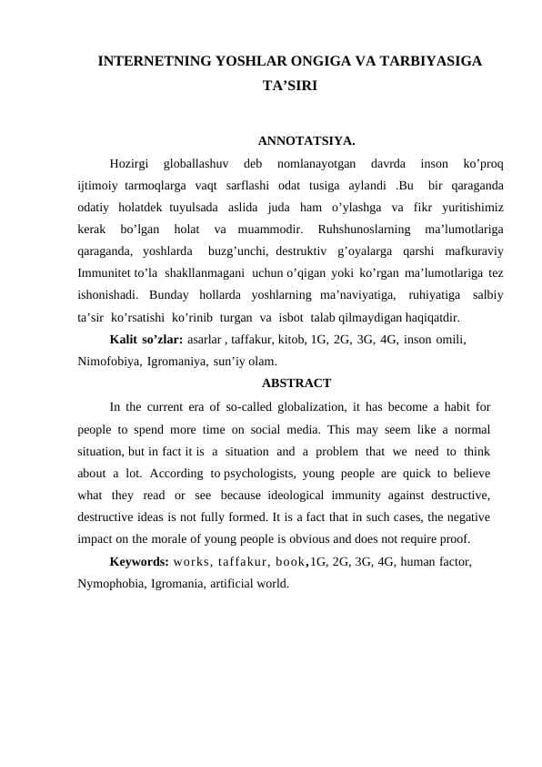 Internetning yoshlar ongiga va tarbiyasiga tasiri