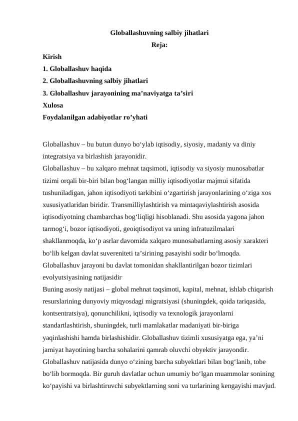 globallashuvning salbiy jihatlari
