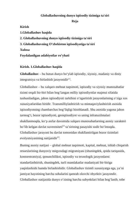 Globallashuvning dunyo iqtisodiy tizimiga ta'siri
