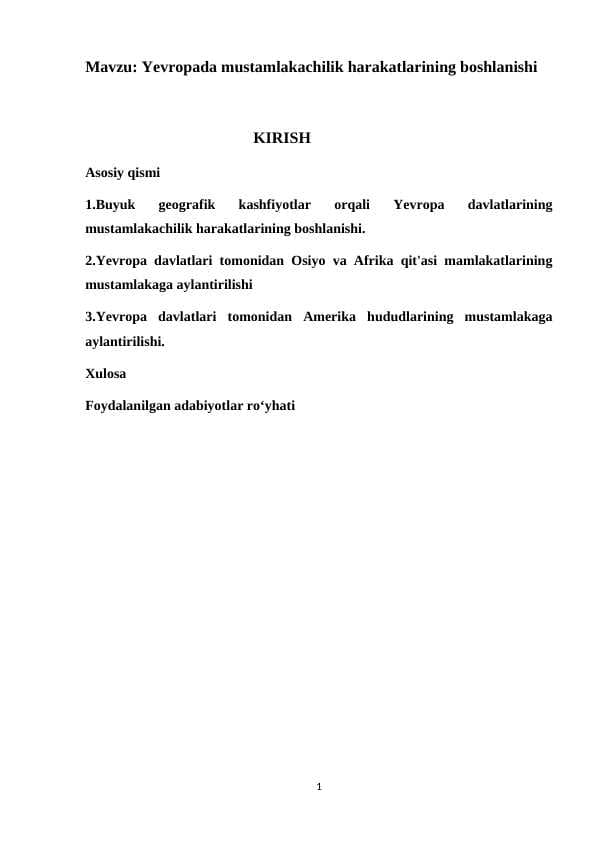 Yevropada mustamlakachilik harakatlarining boshlanishi