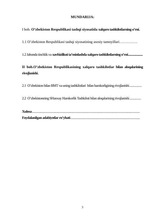 O'zbekiston Respublikasi tashqi siyosatida xalqaro tashkilotlarning o’rni