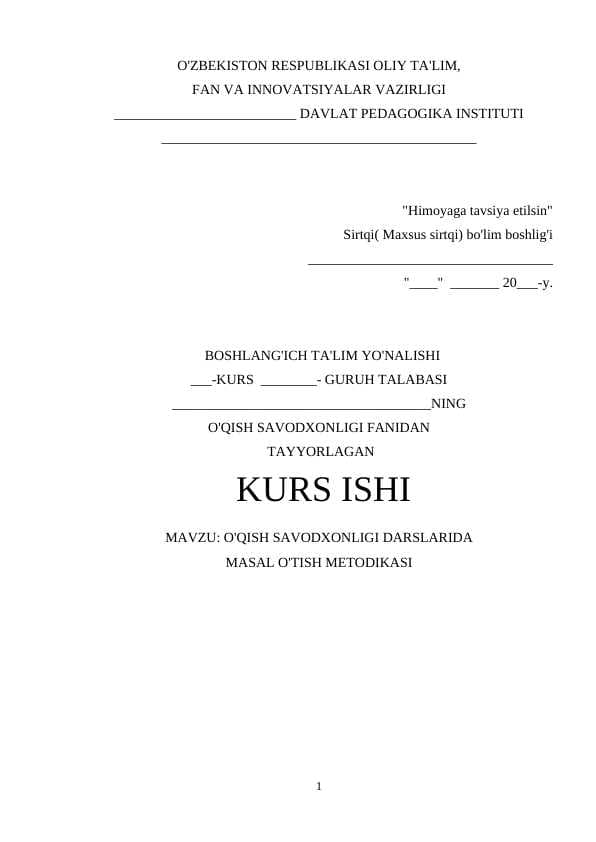 O'QISH SAVODXONLIGI DARSLARIDA  MASAL O'TISH METODIKASI