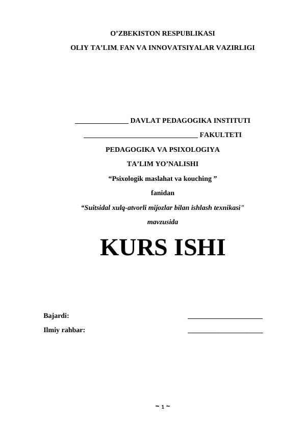 Suitsidal xulq-atvorli mijozlar bilan ishlash texnikasi
