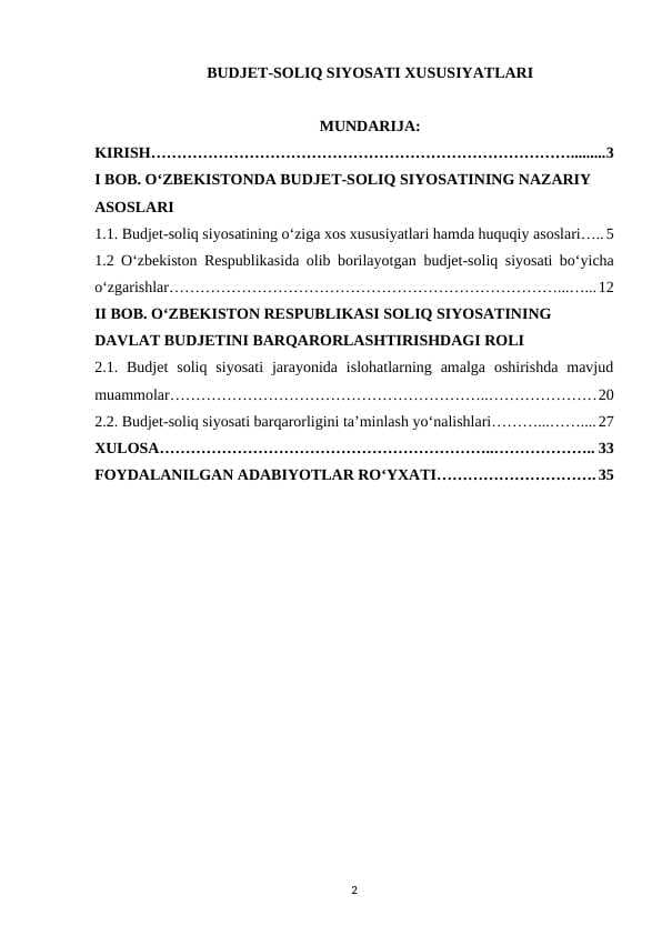 BUDJET-SOLIQ SIYOSATI XUSUSIYATLARI
