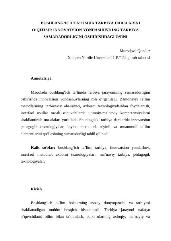 Boshlangʻich taʼlimda tarbiya darslarini oʻqitish