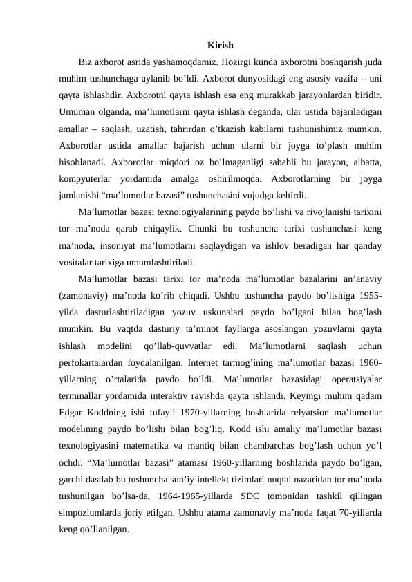"Mehmonxona" ma'lumotlar bazasini loyihalash