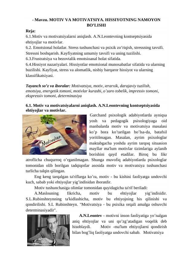 MOTIV VA MOTIVATSIYA. HISSIYOTNING NAMOYON BO’LISHI