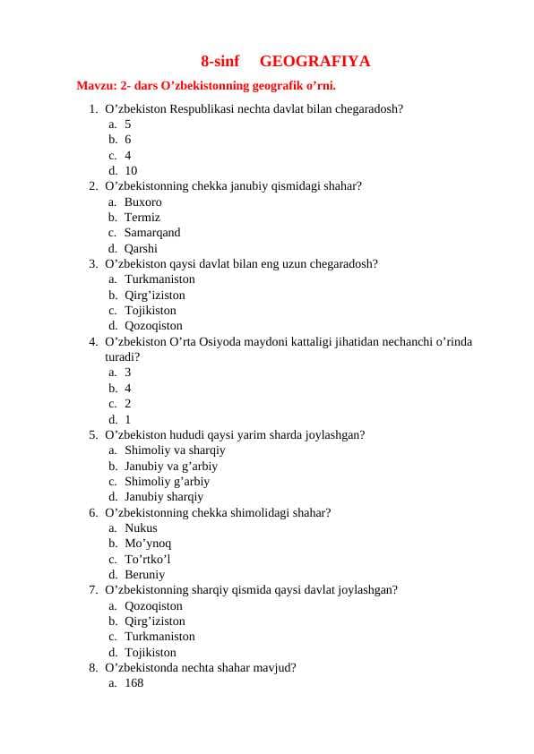 8 - sinf geografiya mavzulashitirlgan test