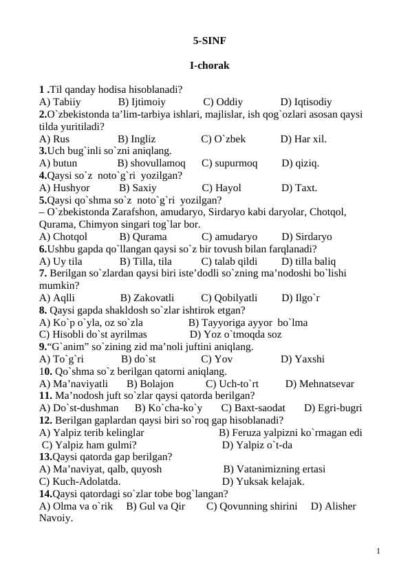 5,6,7,8,9 Sinflar uchun 4 ta chorak lar uchun testlar Ona tili fanidan