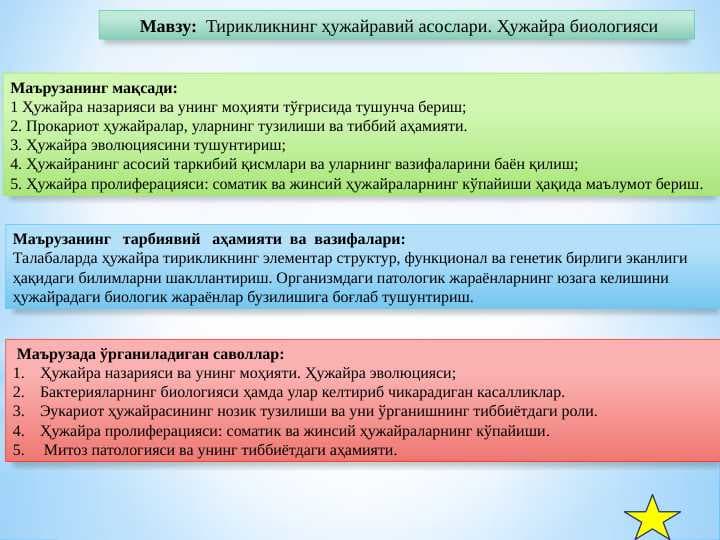 Тирикликнинг ҳужайравий асослари. Ҳужайра биологияси