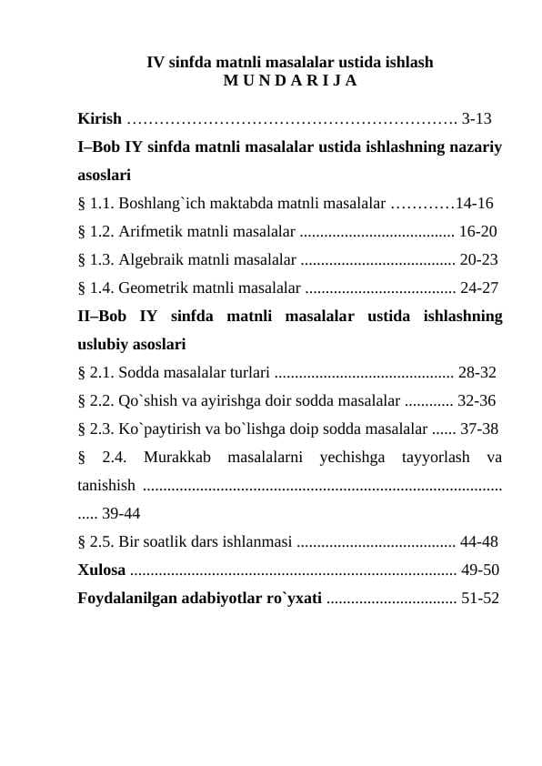 IV sinfda matnli masalalar ustida ishlash