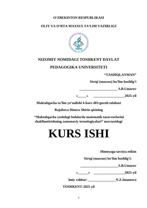 Maktabgacha yoshdagi bolalarda matemetik tasavvurlarini shakllantirishning zamonaviy texnologiyalari