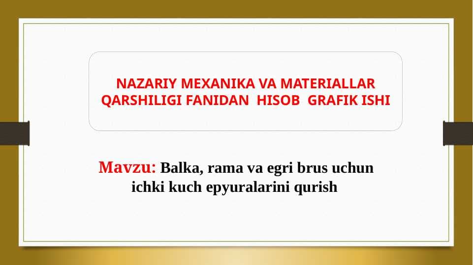 Balka, rama va egri brus uchun ichki kuch epyuralarini qurish
