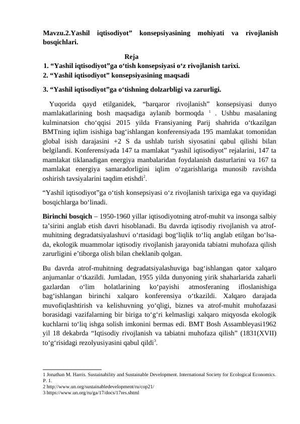 Yashil iqtisodiyot” konsepsiyasining mohiyati va rivojlanish bosqichlari.
