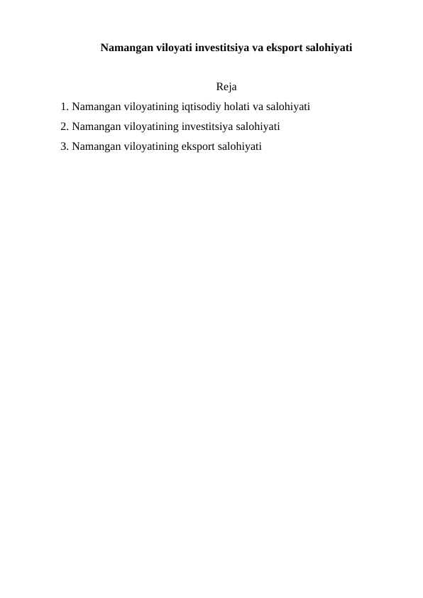Namangan viloyati investitsiya va eksport salohiyati