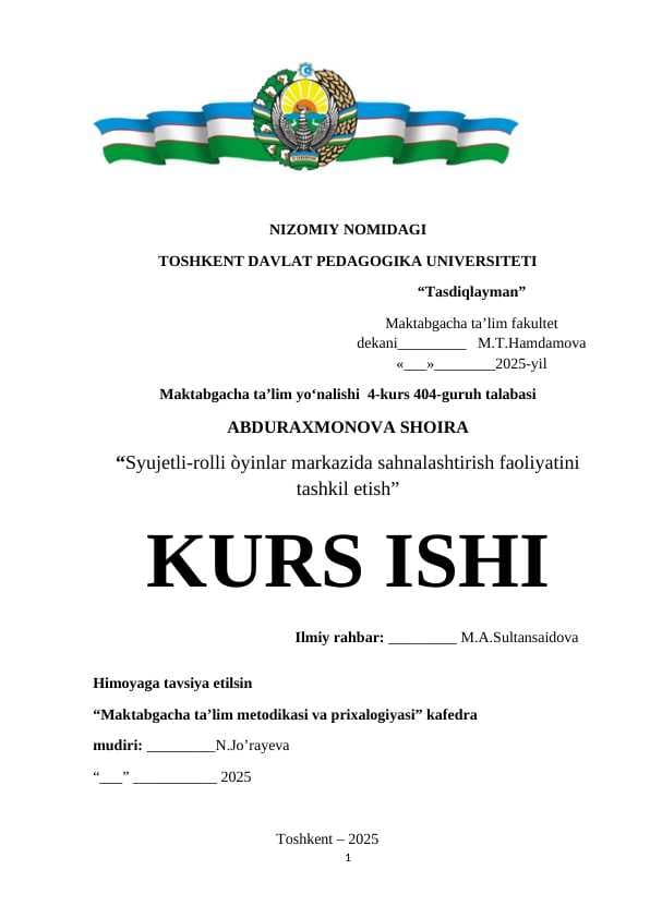 Syujetli-rolli òyinlar markazida sahnalashtirish faoliyatini tashkil etish