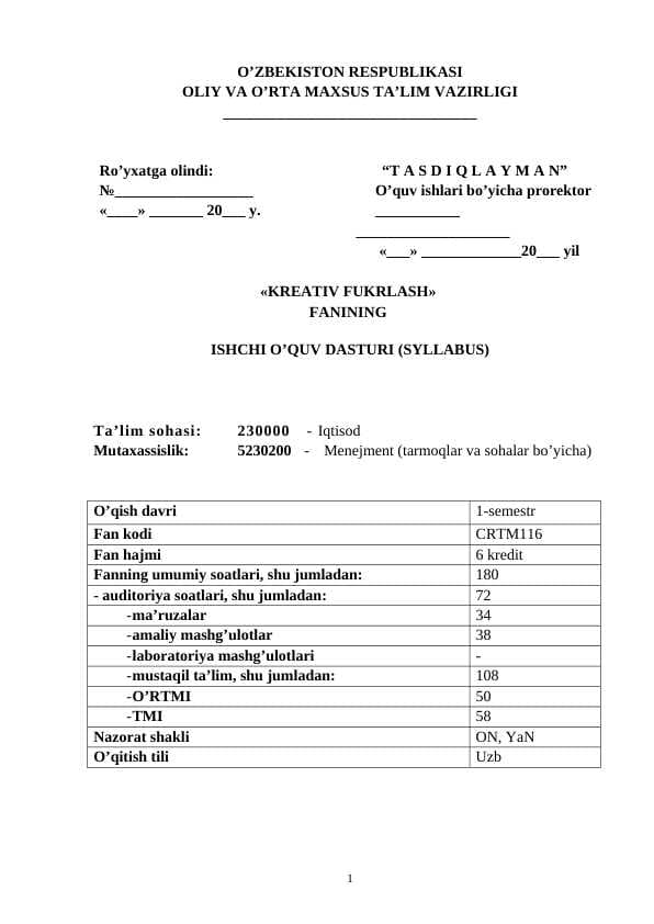 «KREATIV FUKRLASH»  FANINING    ISHCHI O’QUV DASTURI (SYLLABUS)