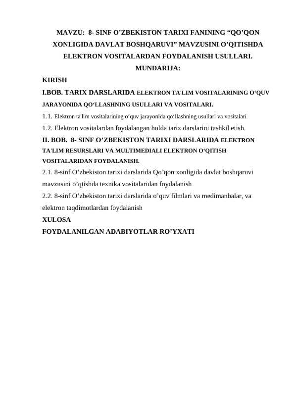 8- sinf O’zbekiston tarixi fanining Qo’qon xonligida davlat boshqaruvi mavzusini o’qitishda elektron vositalardan foydalanish usullari