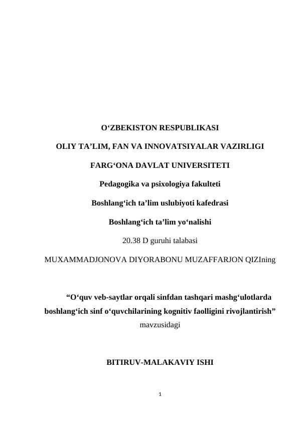 “Oʻquv veb-saytlar orqali sinfdan tashqari mashgʻulotlarda boshlangʻich sinf oʻquvchilarining kognitiv faolligini rivojlantirish”