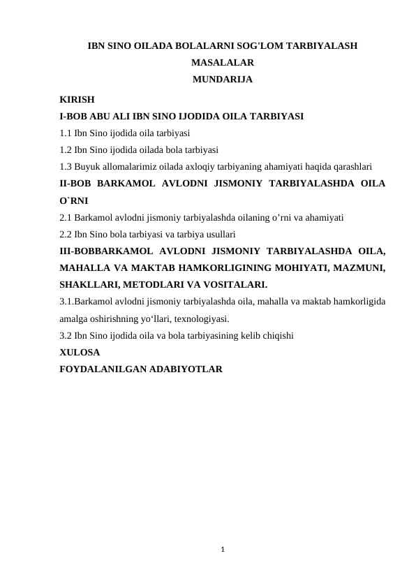 IBN SINO OILADA BOLALARNI SOG'LOM TARBIYALASH MASALALAR
