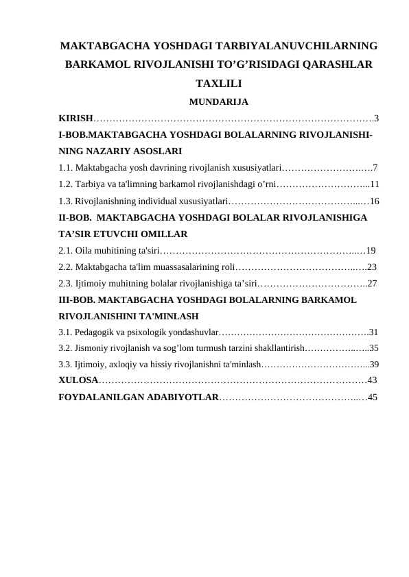MAKTABGACHA YOSHDAGI TARBIYALANUVCHILARNING BARKAMOL RIVOJLANISHI TO’G’RISIDAGI QARASHLAR TAXLILI