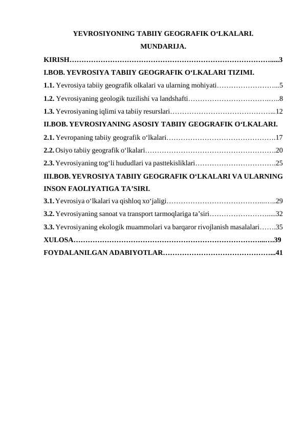 YEVROSIYONING TABIIY GEOGRAFIK O‘LKALARI.