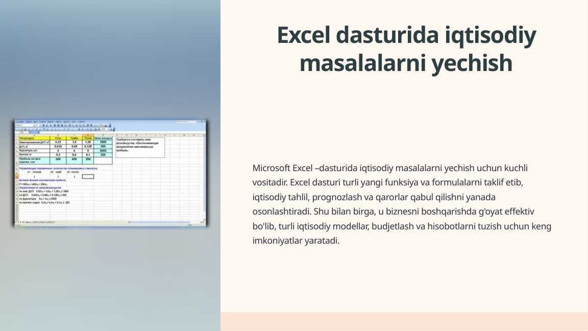 Excel dasturida iqtisodiy masalalarni yechish