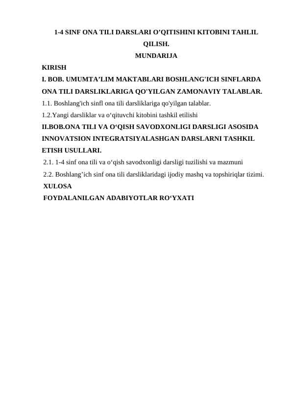 1-4 sinf ona tili darslari o’qitishini kitobini tahlil qilish