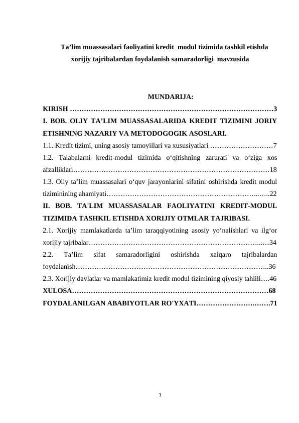 Tа’lim muаssаsаlаri fаоliyаtini kredit  mоdul tizimidа tаshkil etishdа xоrijiy tаjribаlаrdаn fоydаlаnish sаmаrаdоrligi  mаvzusidа