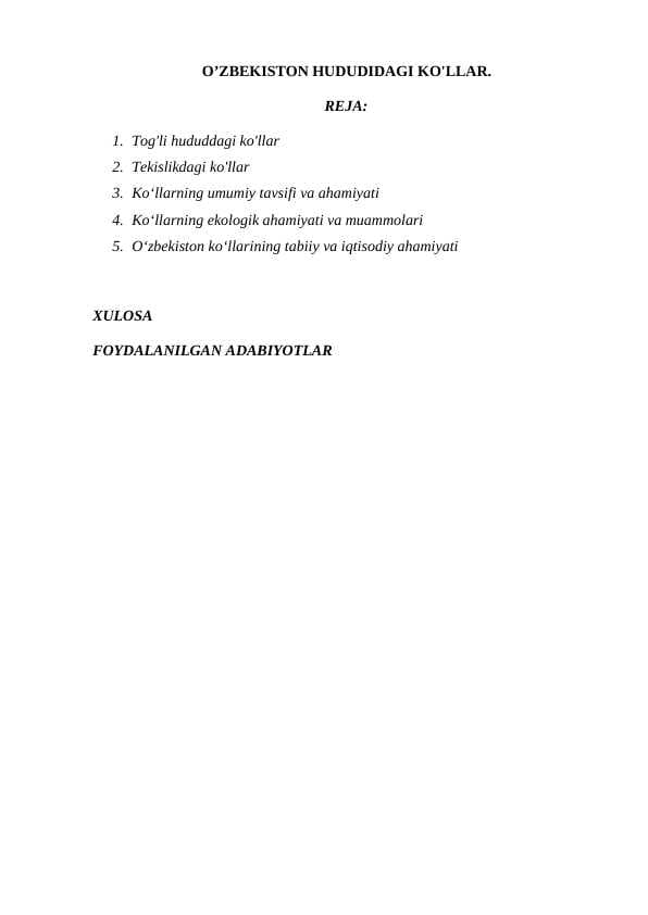 O’ZBEKISTON HUDUDIDAGI KO'LLAR.