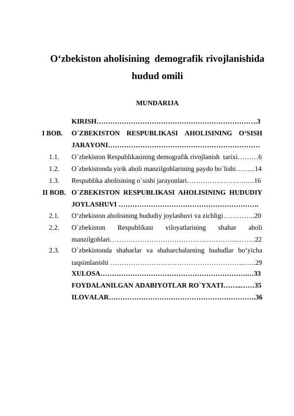 Oʻzbekiston aholisining  demografik rivojlanishida hudud omili