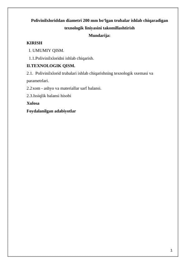 Polivinilxloriddan diametri 200 mm bo‘lgan trubalar ishlab chiqaradigan texnologik liniyasini takomillashtirish