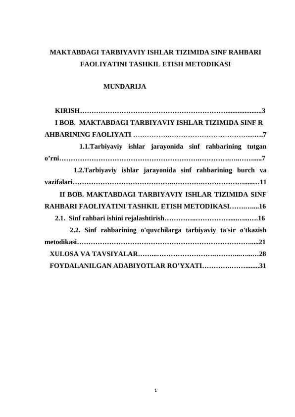 MAKTABDAGI TARBIYAVIY ISHLAR TIZIMIDA SINF RAHBARI FAOLIYATINI TASHKIL ETISH METODIKASI