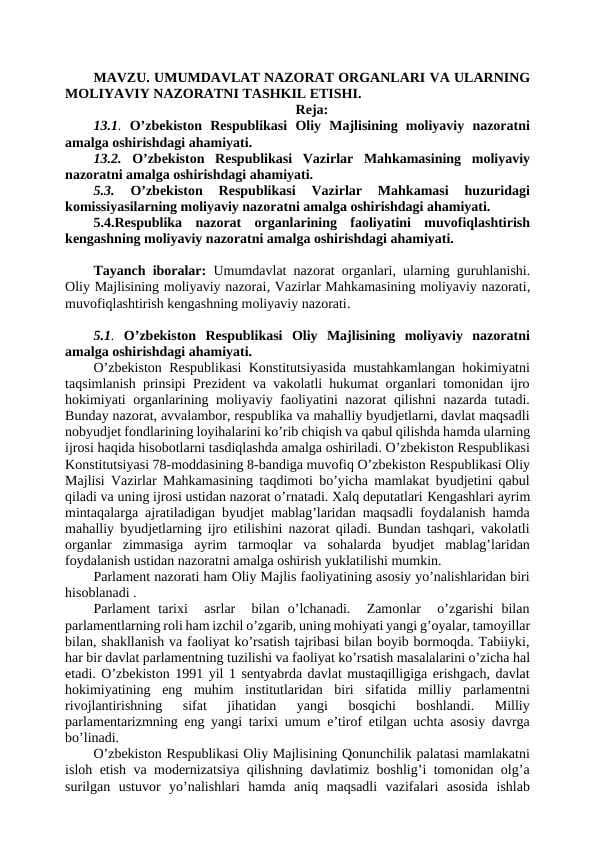 UMUMDAVLAT NAZORAT ORGANLARI VA ULARNING MOLIYAVIY NAZORATNI TASHKIL ETISHI