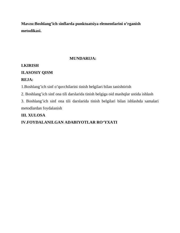 Boshlang’ich sinflarda punktuatsiya elementlarini o’rganish metodikasi