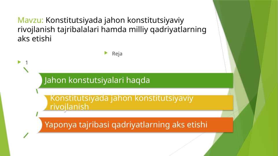 Konstitutsiyada jahon konstitutsiyaviy rivojlanish tajribalalari hamda milliy qadriyatlarning aks etishi