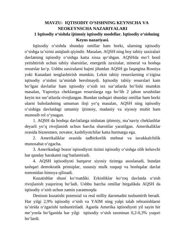 IQTISODIY O‘SISHNING KEYNSCHA VA NEOKEYNSCHA NAZARIYALARI