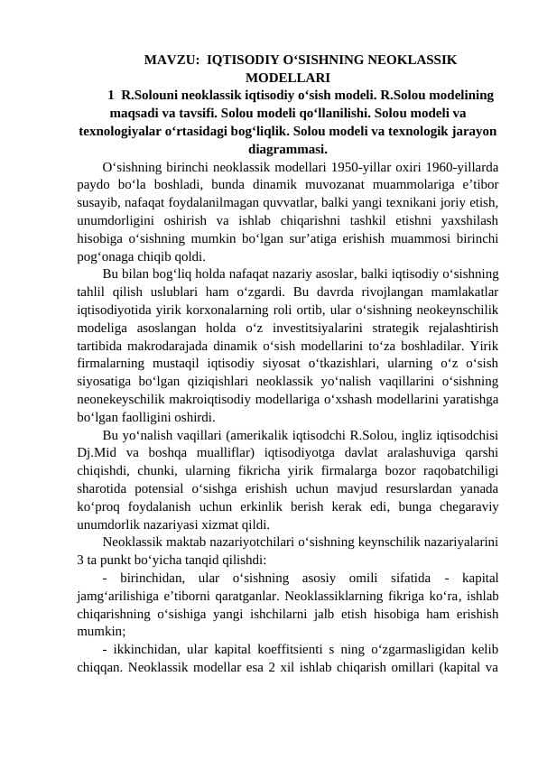 IQTISODIY O‘SISHNING NEOKLASSIK MODELLARI
