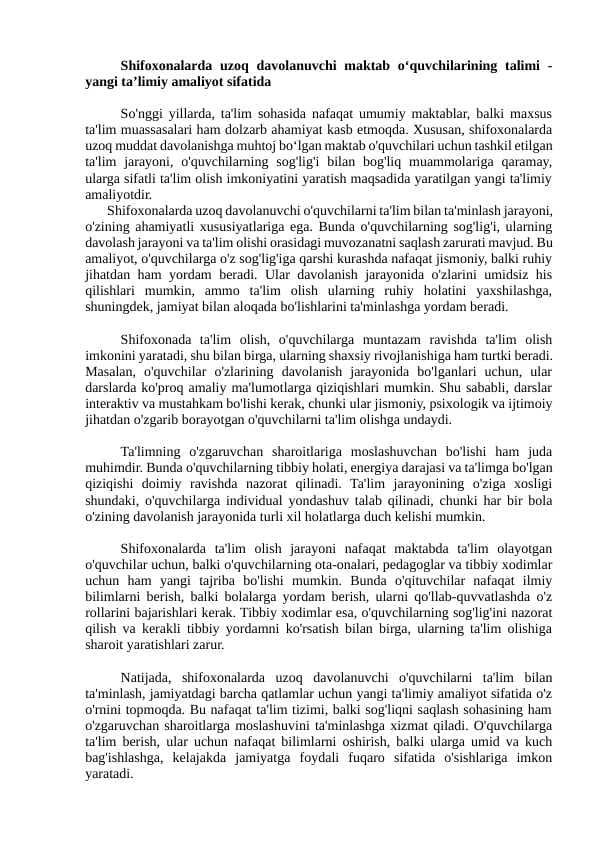 Shifoxonalarda uzoq davolanuvchi bolalarning taʼlimi