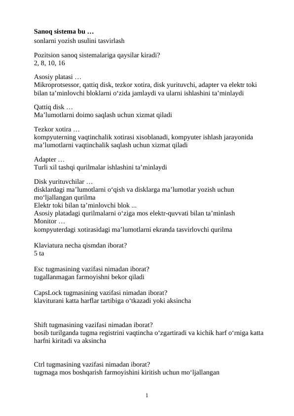 Informatikadan savol va javoblar to'plami