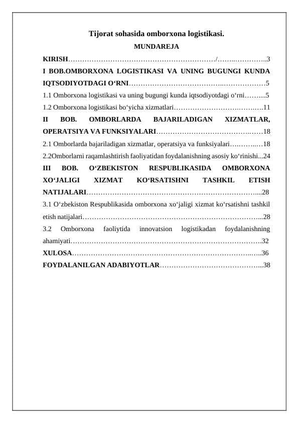 Tijorat sohasida omborxona logistikasi.