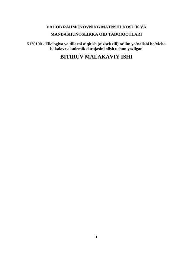 VAHOB RAHMONOVNING MATNSHUNOSLIK VA MANBASHUNOSLIKKA OID TADQIQOTLARI