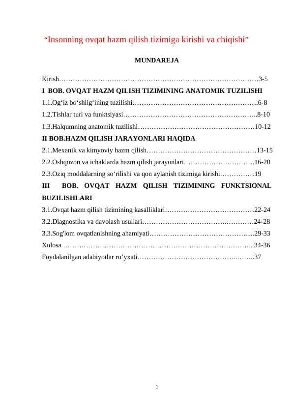 “Insonning ovqat hazm qilish tizimiga kirishi va chiqishi”